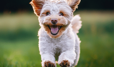 happy white dog running through grass