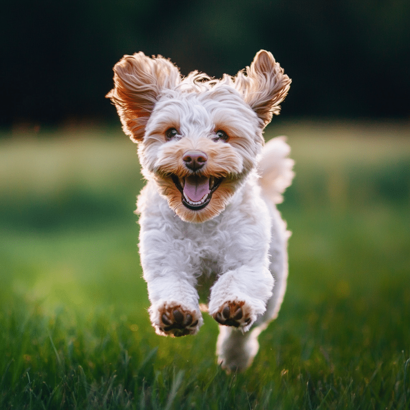 happy white dog running through grass